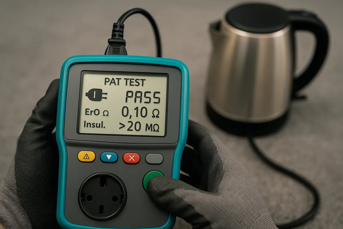 A technician in safety gloves uses a PAT testing device to check a kettle, focusing on the digital display.